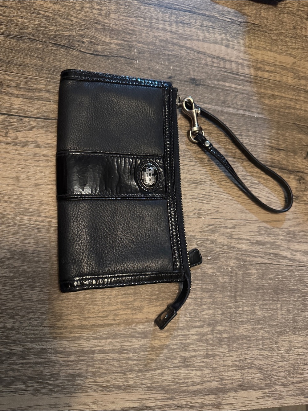 Coach Black Leather Wristlet with Logo Medallion